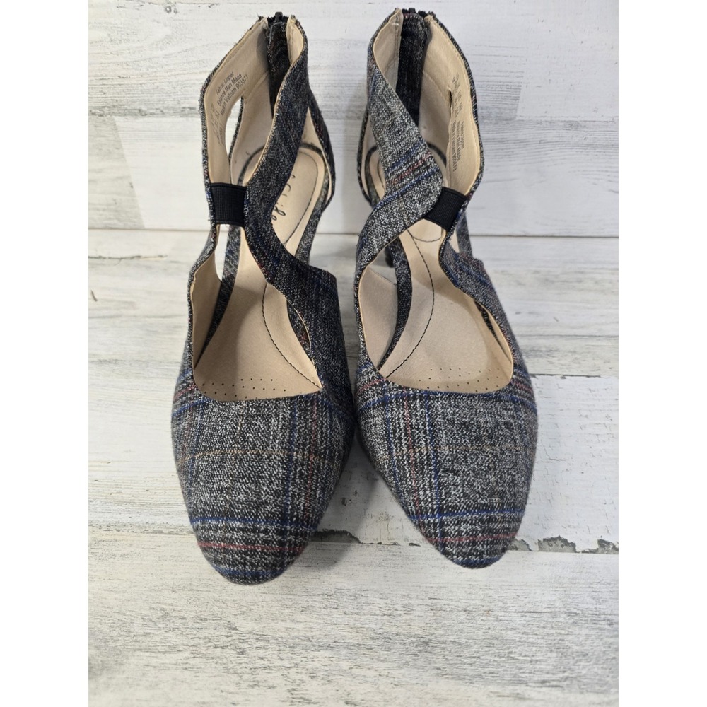 LifeStride Giovanna‎ 2 Grey Plaid Strappy Heels Pointed Toe Pumps Mens 9.5M